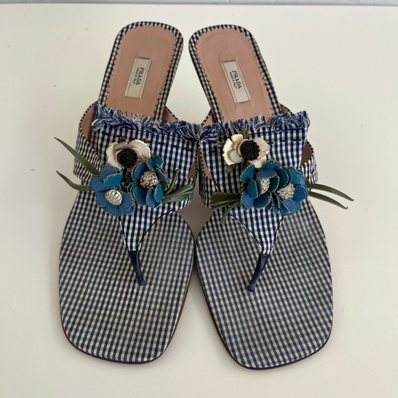 Auth VTG PRADA Gingham Floral Sandals - Picture 1 of 12